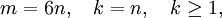 m=6n, \quad k = n, \quad k \geq 1,