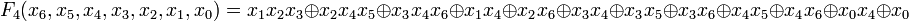 F_4=x_1 x_2 x_3\oplus x_2 x_4 x_5\oplus x_3 x_4 x_6\oplus x_1 x_4\oplus x_2 x_6 \oplus x_3 x_4\oplus x_3 x_5\oplus x_3 x_6\oplus x_4 x_5 \oplus x_4 x_6\oplus x_0 x_4\oplus x_0