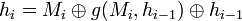 h_{i}=M_{i}\oplus g\oplus h_{i-1}