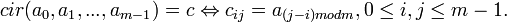 \ cir = c \Leftrightarrow c_{ij} = a_{ mod m}, 0 \leq i,j \leq m-1.
