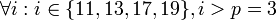 \forall i: i \in \{11, 13, 17, 19\}, i > p = 3