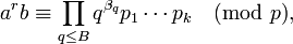 a^{r}b\equiv\prod\limits_{q\leq B} q^{\beta_q}p_1\cdots p_k\pmod{p},