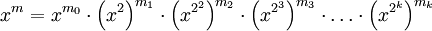 x^m=x^{m_0} \cdot \left^{m_1} \cdot \left^{m_2} \cdot \left^{m_3}  \cdot\dots\cdot \left^{m_k} 