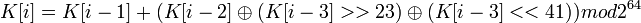 ~K=K+\oplus)mod 2^{64}