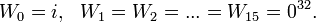 ~W_0 = i,~~W_1 = W_2 =...= W_{15} = 0^{32}.