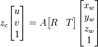 z_{c}\begin{bmatrix}
u\\
v\\
1\end{bmatrix}=A \begin{bmatrix}
R & T\end{bmatrix}\begin{bmatrix}
x_{w}\\
y_{w}\\
z_{w}\\
1\end{bmatrix}