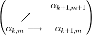 \begin{pmatrix} \ \ & \alpha_{k+1,m+1} \\ \ \nearrow  & \  \\ \alpha_{k,m} \longrightarrow & \alpha_{k+1,m}  \end{pmatrix}
