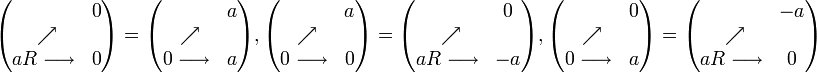 \begin{pmatrix} \ \ & 0 \\ \ \nearrow  & \  \\ aR \longrightarrow & 0  \end{pmatrix}=\begin{pmatrix} \ \ & a \\ \ \nearrow  & \  \\ 0 \longrightarrow & a  \end{pmatrix}, 
\begin{pmatrix} \ \ & a \\ \ \nearrow  & \  \\ 0 \longrightarrow & 0  \end{pmatrix}=\begin{pmatrix} \ \ & 0 \\ \ \nearrow  & \  \\ aR \longrightarrow & -a  \end{pmatrix},
\begin{pmatrix} \ \ & 0 \\ \ \nearrow  & \  \\ 0 \longrightarrow & a  \end{pmatrix}=\begin{pmatrix} \ \ & -a \\ \ \nearrow  & \  \\ aR \longrightarrow & 0  \end{pmatrix}