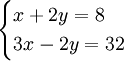 
\begin{cases}
    x + 2y = 8 \\
   3x - 2y = 32
\end{cases}
