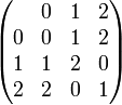 \begin{pmatrix} &0&1&2 \\ 0&0&1&2 \\ 1&1&2&0 \\ 2&2&0&1 \end{pmatrix}