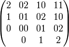 \begin{pmatrix} 2&02&10&11 \\ 1&01&02&10 \\ 0&00&01&02 \\ &0&1&2 \end{pmatrix}