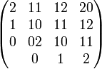\begin{pmatrix} 2&11&12&20 \\ 1&10&11&12 \\ 0&02&10&11 \\ &0&1&2 \end{pmatrix}