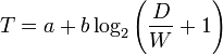 T = a + b \log_2 \Bigg
