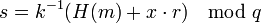 s=k^{-1}+x\cdot r)\mod q