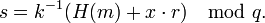 s=k^{-1}+x \cdot r) \mod{q}.
