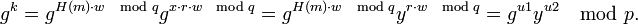 g^k=g^{H \cdot w \mod q}g^{x \cdot r \cdot w \mod q}=g^{H \cdot w \mod q}y^{r \cdot w \mod q}=g^{u1}y^{u2} \mod{p}.