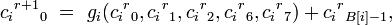 c_i{}^{r+1}{}_0 \ =\ g_i+c_i{}^{r}{}_{B-1},