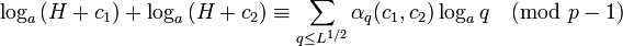\log_a{}+\log_a{}\equiv\sum\limits_{q\leq L^{1/2}}\alpha_q\log_aq\pmod{p-1}
