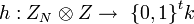 \ h: Z_N\otimes Z \rightarrow\ {\{0,1\}}^tk
