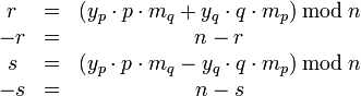 \begin{matrix}
r  & = & \, \bmod \, n  \\
-r & = & n - r  \\
s  & = & \, \bmod \, n  \\
-s & = & n - s 
\end{matrix}