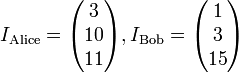 I_{\mathrm{Alice}} = \begin{pmatrix} 3 \\ 10 \\ 11 \end{pmatrix}, I_{\mathrm{Bob}} = \begin{pmatrix} 1 \\ 3 \\ 15 \end{pmatrix}