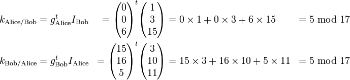 \begin{align}
 k_{\mathrm{Alice / Bob}} &= g_{\mathrm{Alice}}^t I_{\mathrm{Bob}} &= \begin{pmatrix} 0\\0\\6 \end{pmatrix}^t \begin{pmatrix} 1\\3\\15 \end{pmatrix} &= 0 \times 1 + 0 \times 3 + 6 \times 15 &= 5\ \mathrm{mod}\ 17\\
 k_{\mathrm{Bob / Alice}} &= g_{\mathrm{Bob}}^t I_{\mathrm{Alice}} &= \begin{pmatrix} 15\\16\\5 \end{pmatrix}^t \begin{pmatrix} 3\\10\\11 \end{pmatrix} &= 15 \times 3 + 16 \times 10 + 5 \times 11& = 5\ \mathrm{mod}\ 17
\end{align}