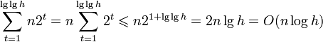 \sum_{t=1}^{\mathrm{lg}\, \mathrm{lg}\, h} n 2^t = n \sum_{t=1}^{\mathrm{lg}\, \mathrm{lg}\, h} 2^t \leqslant n 2^{1 + \mathrm{lg}\, \mathrm{lg}\, h} = 2 n \,\mathrm{lg}\, h = O
