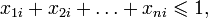 x_{1i}+x_{2i}+\ldots+x_{ni}\leqslant 1,