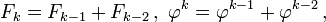 F_k = F_{k-1} + F_{k-2}\,,\ \varphi^k = \varphi^{k-1} + \varphi^{k-2}\,,